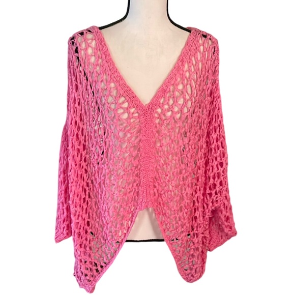ITOO Tops - ITOO Brand Pink Asymmetrical Open Stitch 3/4 Sleeve Top